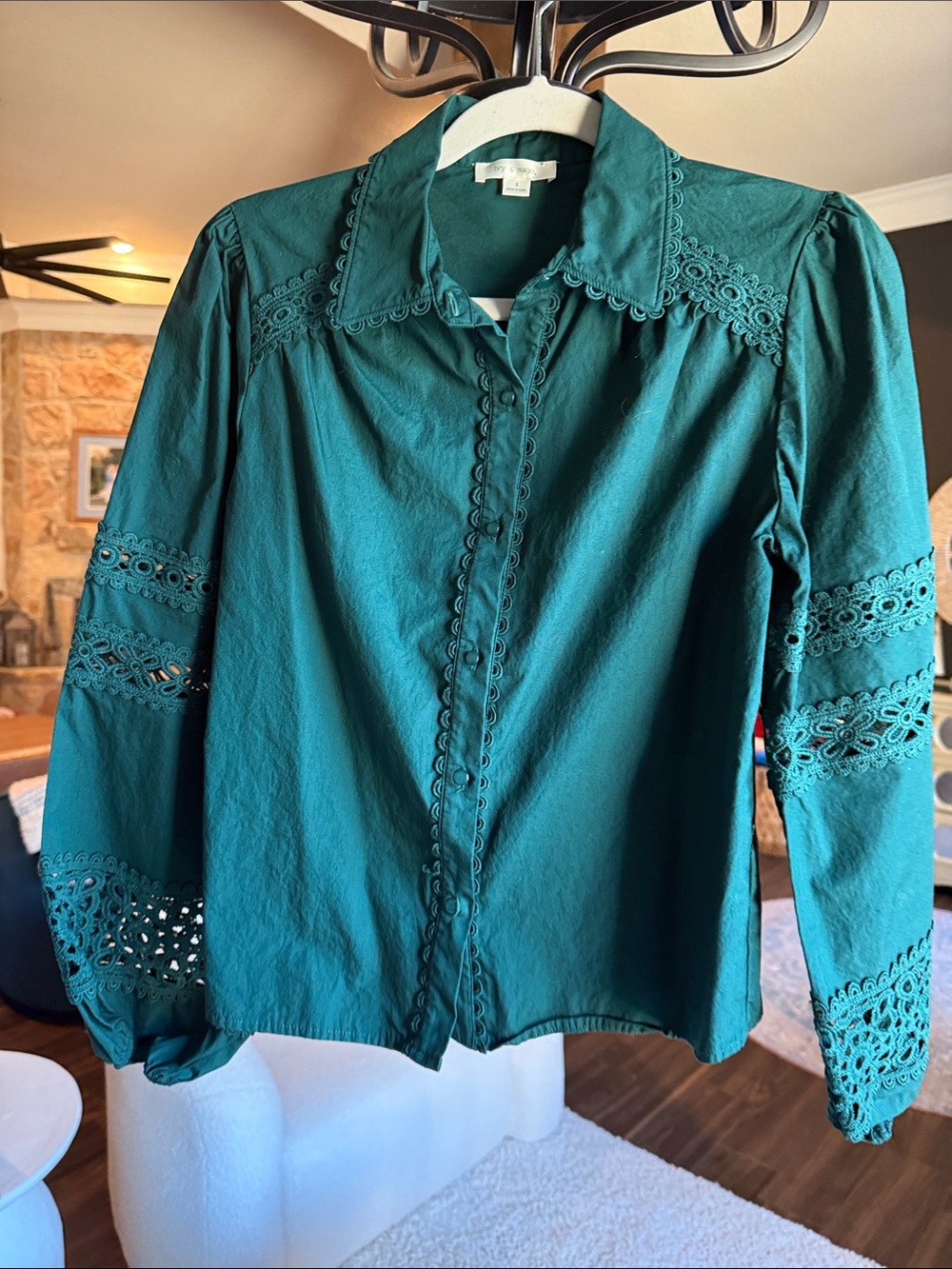 Women's Forest Green Button-Front Shirt with Eyelet Lace Trim